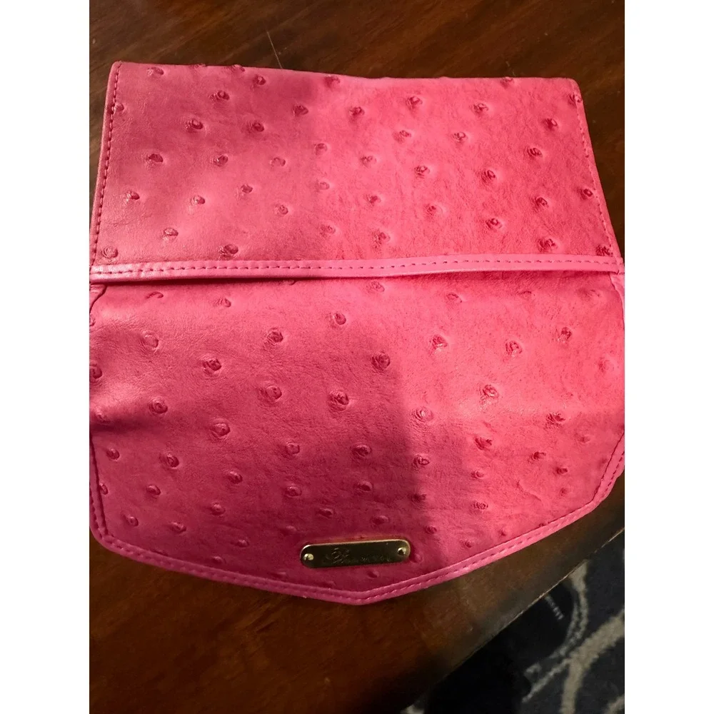 Buxton Pink Ostrich Embossed Wallet Clutch Crossbody Gold Chain Bag